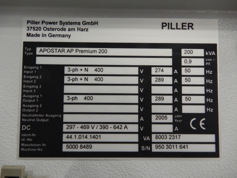 Piller Apostar AP Premium 200 unterbrechungsfreies Stromversorgungsgerät 200 kVA