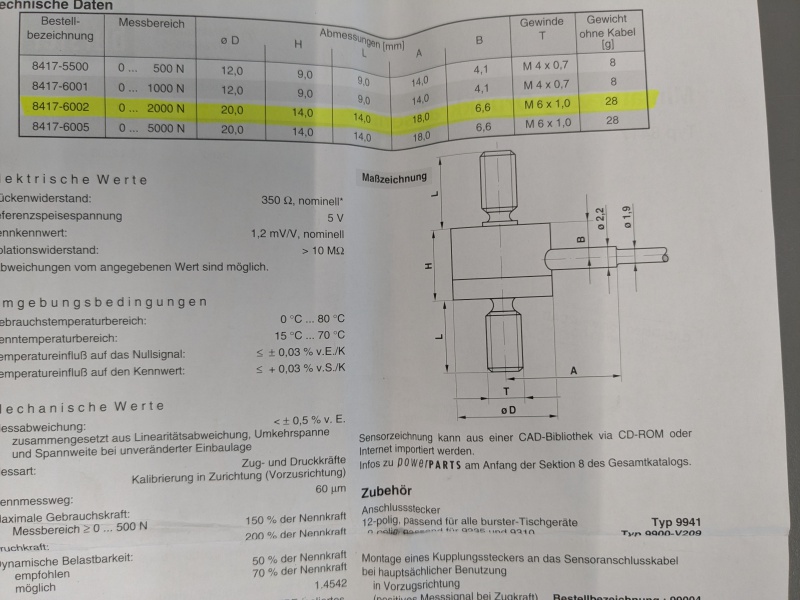 Burster Miniatur-Zug-Druckkraftsensor Typ 8417-6002 2000N